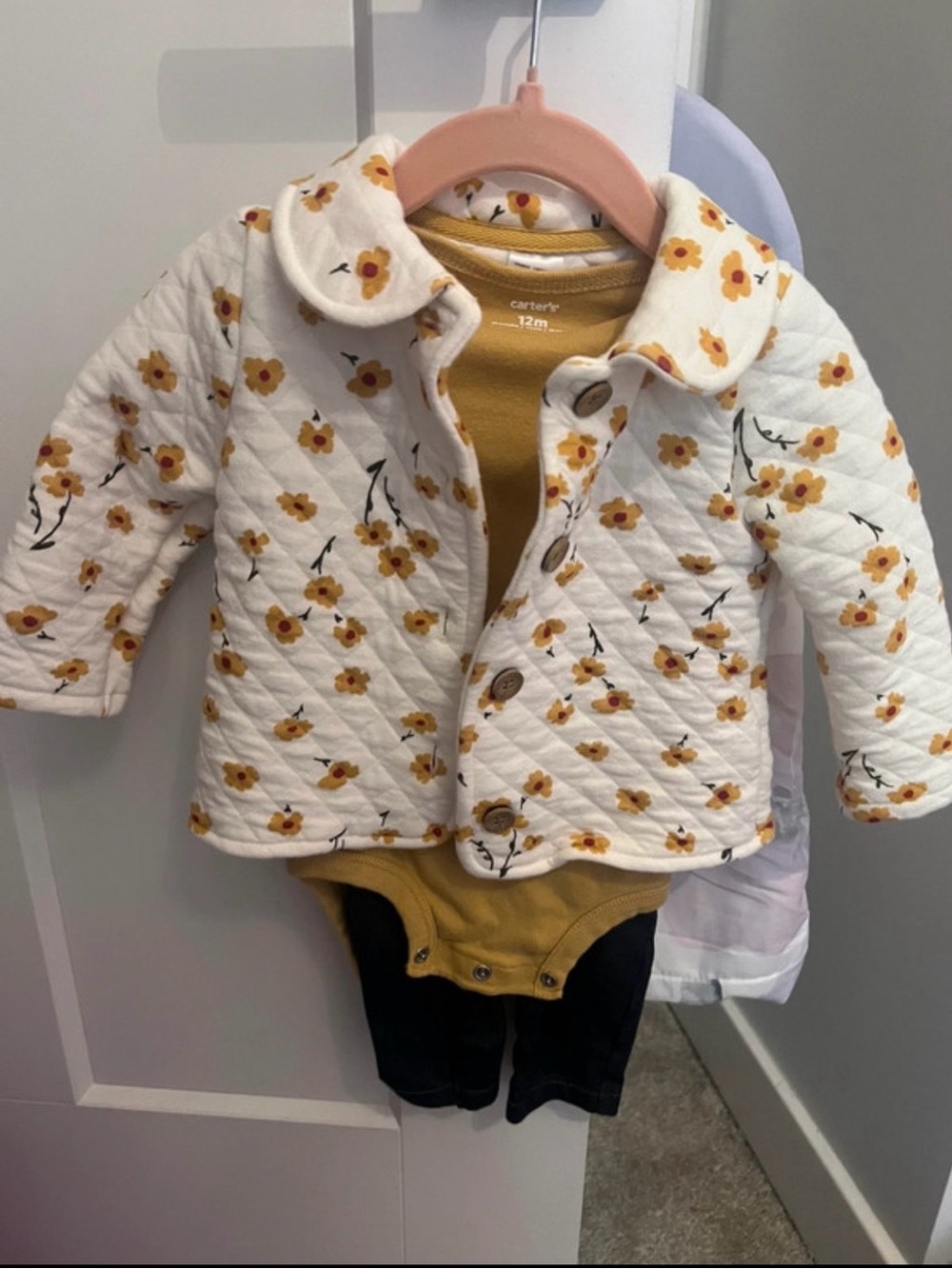 Quilted Floral Baby Jacket with Mustard Bodysuit and Jeans